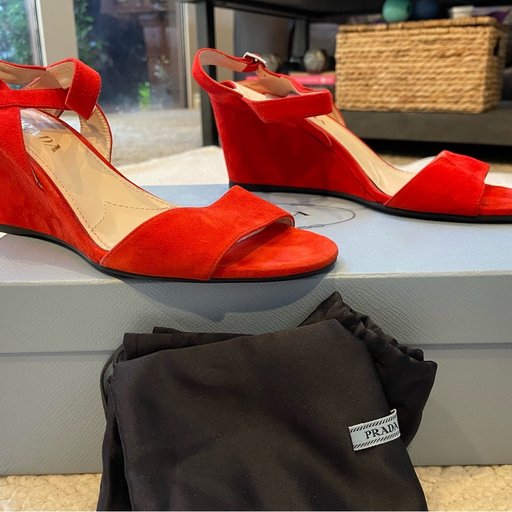 Prada Red Suede Wedge Sandals